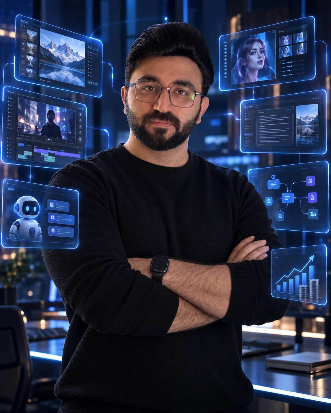 سینا عزتی کنار پنلهای ابزارهای هوش مصنوعی؛ تولید تصویر، ویدیو، دستیار هوشمند و اتوماسیون
