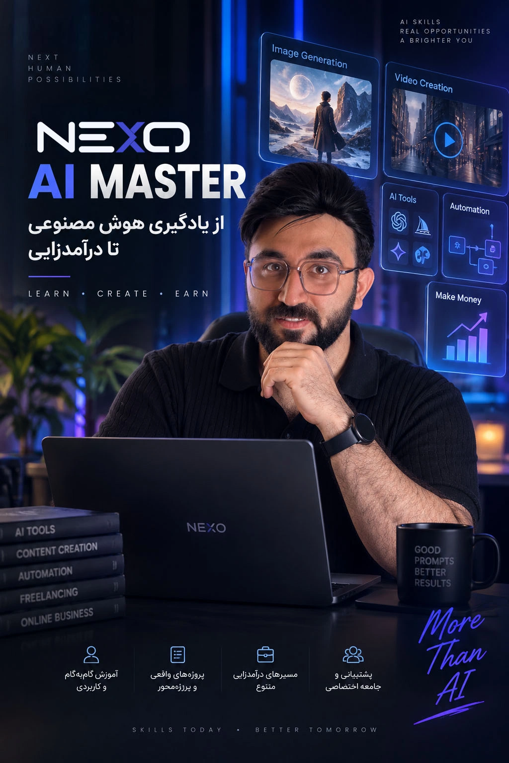پوستر دوره NEXO AI MASTER با تصویر سینا عزتی، آموزش هوش مصنوعی و درآمدزایی